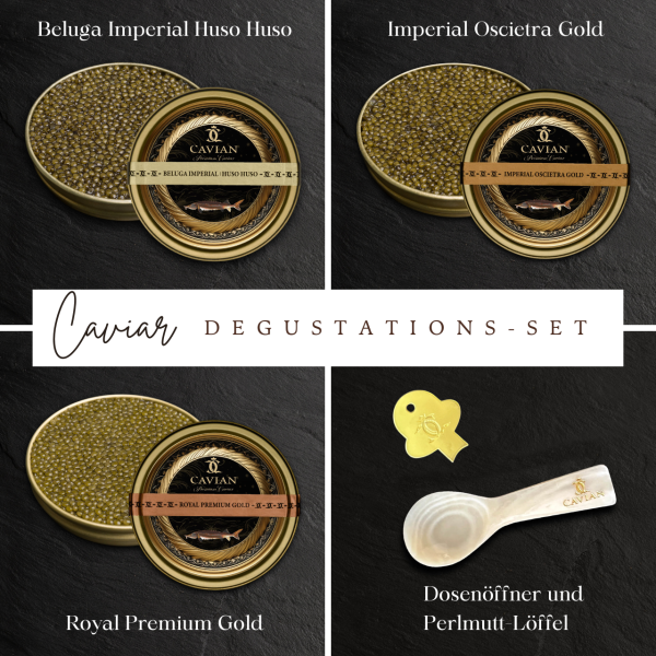 1 Set Caviar-Degustations-Set 3x10g mit Perlmuttlöffel und Dosenöffner