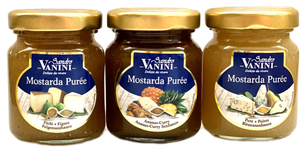 3x60 ml Mostarda Püree Vanini Trio-Pack Birne / Ananas-Curry / Feigen